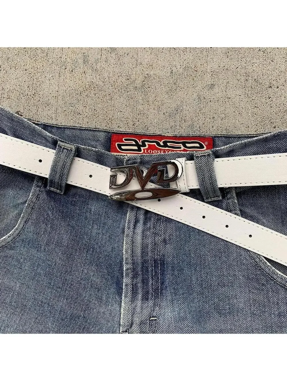 Y2K DVD Buckle White Leather Belt 39 Inch Unisex